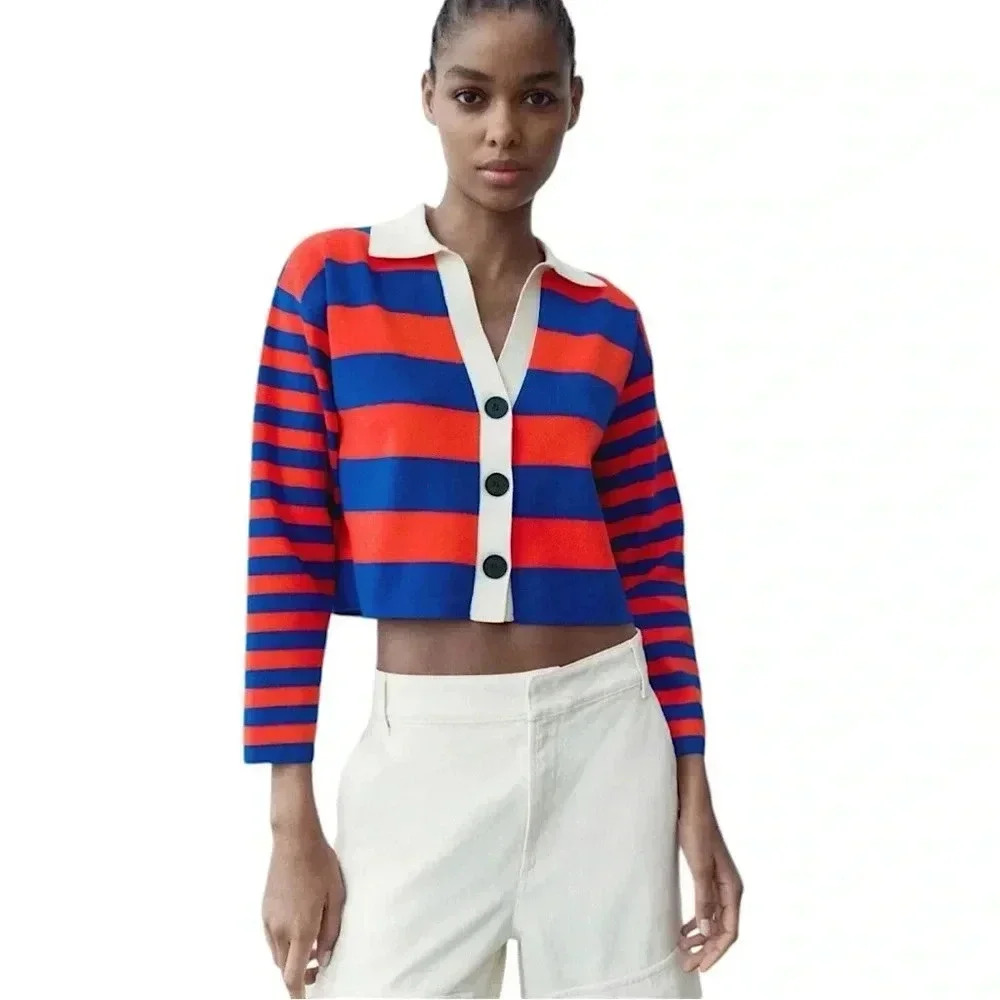 Zara Red Blue Striped Knot Cardigan Crop Sweater Top